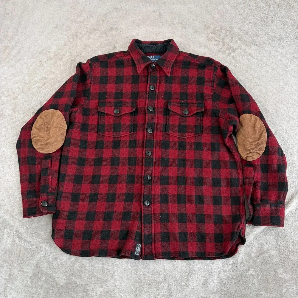 VTG Polo Ralph Lauren Country Work Shirt‎ Men Large Red Plaid Elbow Patch READ